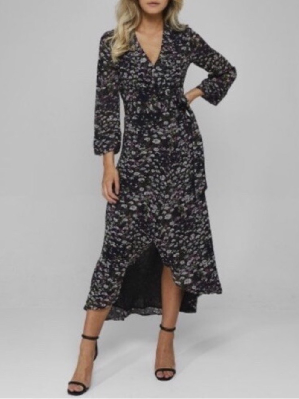 Ganni Black Floral Midi Dress with Long Sleeves